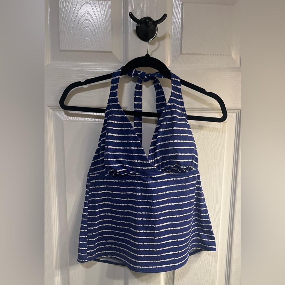 Lands End Halter Swim Top Royal Blue and White Stripe